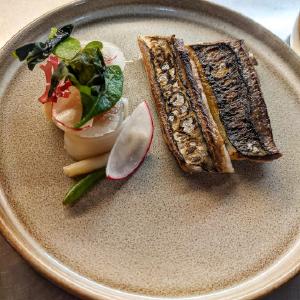 Torched Cornish mackerel with radish, dashi jelly, seaweed and coastal herbs