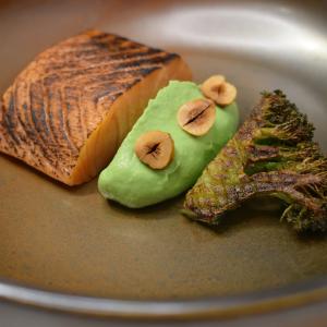Lock Duart salmon with roasted broccoli and hazelnuts.