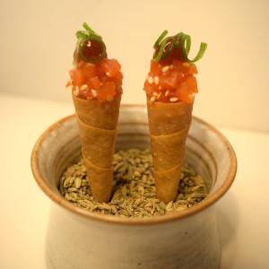 Cured salmon with sesame, ponzu and spring onion.