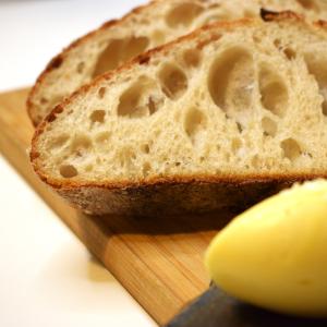 Homemade sourdough made from a mature starter (6 years) accompanied by salted butter.